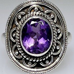 Ornate sterling silver with natural faceted Amethyst ring, size: 7.50 NWOT